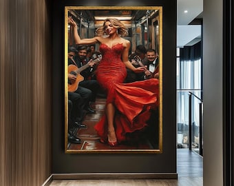 Woman Red Dress Canvas Print, Elegant Subway Art, Bold Fashion Wall Decor