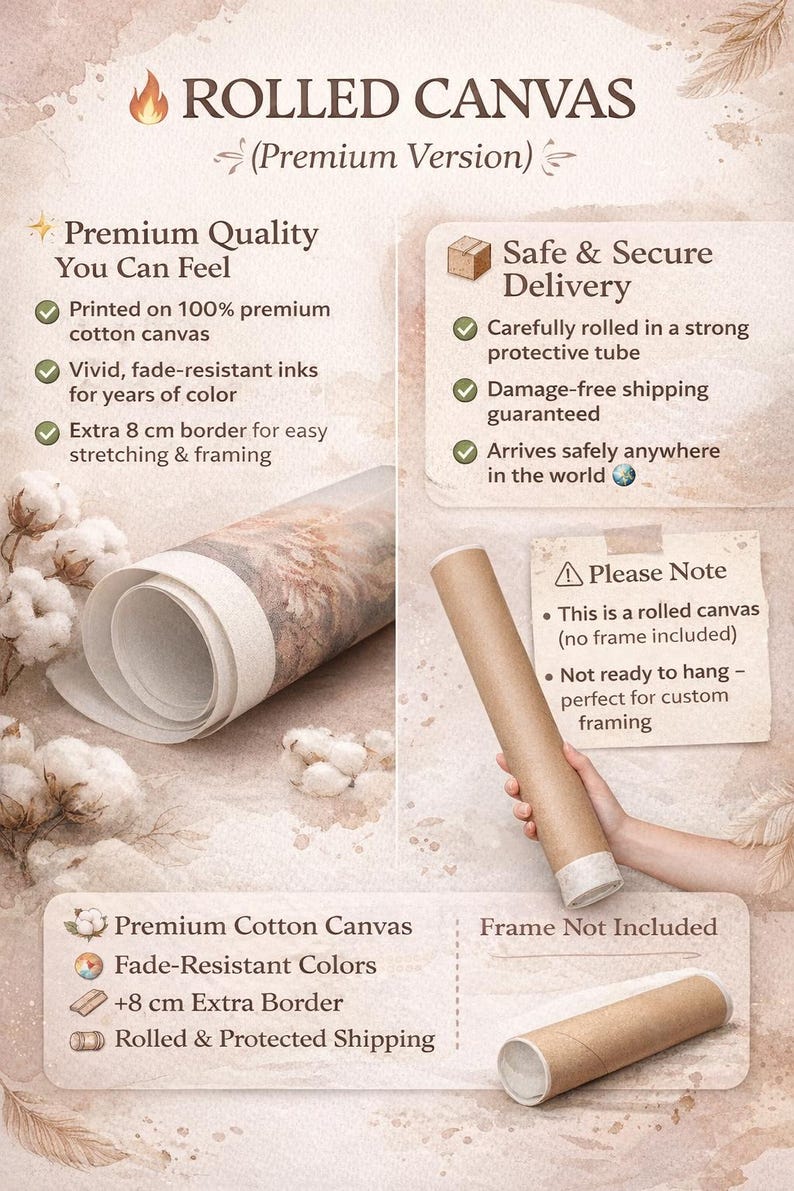 The image is a promotional poster for rolled canvas products, highlighting their premium quality, safety, and secure delivery. It features images of rolled canvas tubes, a rolled canvas tube, and a rolled canvas tube with a frame included, along with text descriptions of the features and benefits of the premium canvas version.