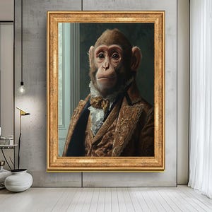 Elegant Monkey Portrait Wall Art, Vintage Animal Canvas, Victorian Style Monkey Painting, Unique Animal Decor, Royal Monkey Artwork for Home