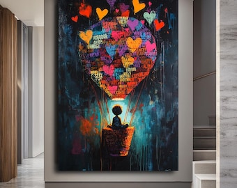 Colorful Banksy Canvas,Colorful Heart Balloon Graffiti Art, Child in Hot Air Balloon Pop Art Canvas, Vibrant Street Art Style,Large Wall Art