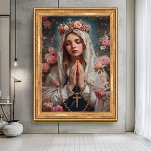 Virgin Mary with Roses Canvas Print, Beautiful Religious Art, Holy Mary Praying Wall Decor, Catholic Home or Church Artwork