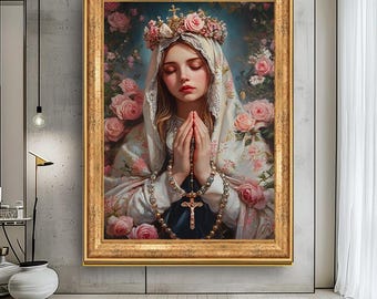 Virgin Mary with Roses Canvas Print, Beautiful Religious Art, Holy Mary Praying Wall Decor, Catholic Home or Church Artwork
