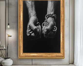 May include: Black and white artwork of two clenched fists bound by chains. The hands are rendered in detailed grayscale, set against a stark black background. The artwork is framed in a gold-colored, ornate frame.