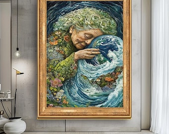 Mother Earth Wall Art, Nature Embracing the World Canvas, Environmental Artwork, Spiritual Earth Decor, Eco-Conscious Art for Home or Office