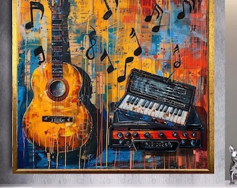Abstract Colorful Guitar and Piano Keyboard on Watercolor Picture