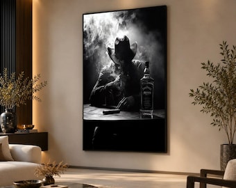 Western Cowboy Black and White Canvas Print, Cigar and Whiskey Wall Art, Vintage Style Photography, Masculine Bar or Lounge Decor,Wall Art