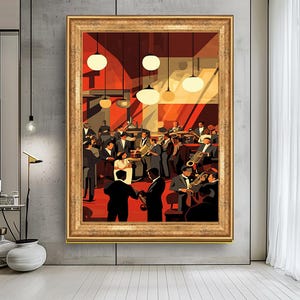 Jazz Band Wall Art, Vintage Music Scene Canvas, Elegant Jazz Club Painting, Retro Musician Artwork, Bold Musical Decor for Living Room