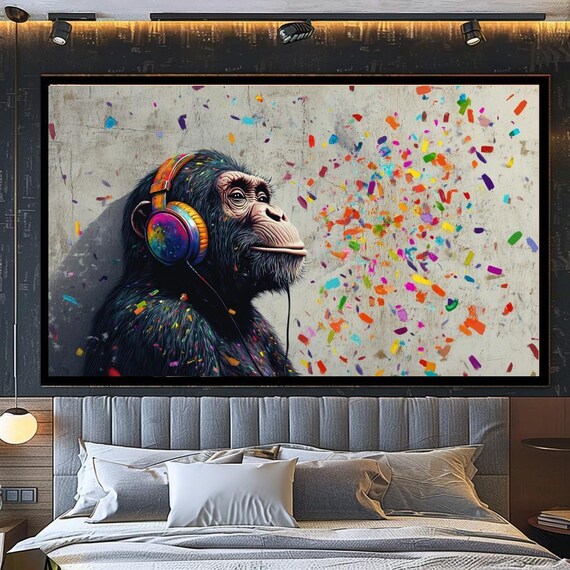Colorful Monkey with Headphones Canvas Print, Modern Pop Art Wall Decor, Large Vibrant Animal Art, Fun Music-Themed Artwork for Living Room