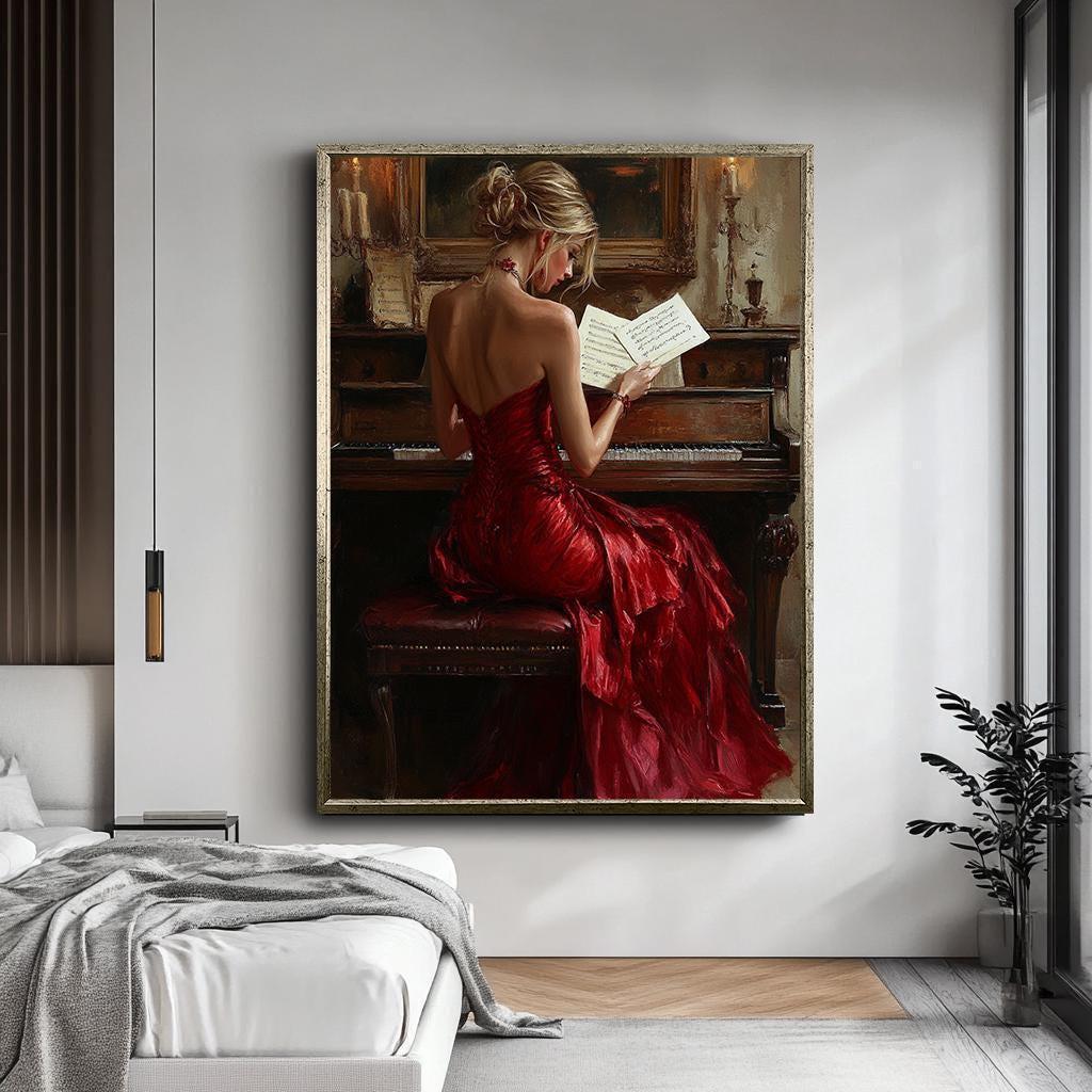Woman in Red Dress at Piano Canvas Print, Classical Music Wall Art - Etsy