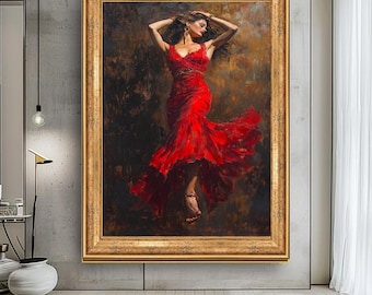 Flamenco Dancer Canvas Art, Elegant Woman in Red Dress, Large Dance Painting for Living Room, Passionate Spanish Wall Decor