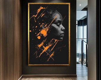 Moderne abstracte muurkunst, oranje en zwarte vrouw portret canvasprint, grote muurdecoratie voor woonkamer, hedendaagse kunstwerken, woondecoratie