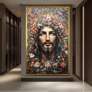 Art mural floral en toile Jésus-Christ | Impression portrait religieux bohème | Oeuvre d&#39;art spirituelle colorée | Cadeau chrétien de décoration d&#39;intérieur