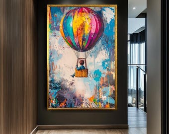 Colorful Banksy Canvas,Colorful Hot Air Balloon Wall Art, Child in Balloon Pop Art, Vibrant Adventure Canvas, Large Modern Wall Decor