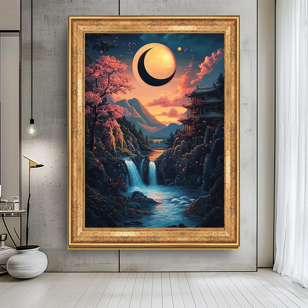 Japanese Moonlit Waterfall Canvas Art, Enchanted Landscape, Cherry ...