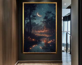 Magical Forest at Night with Crescent Moon Canvas Art | Dreamy Fireflies and Reflection Wall Decor | Mystical Landscape Art Print