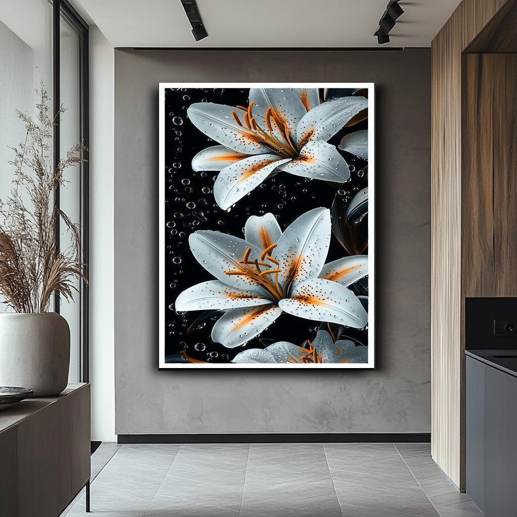 白いユリの花のキャンバスプリント、エレガントな植物画、モダンな白黒