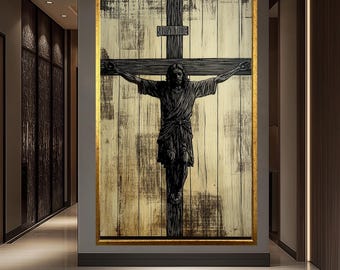 Woodcut Style Jesus on the Cross | Rustic Christian Wall Art | Minimalist Crucifixion Print | Black & Wood Religious Decor