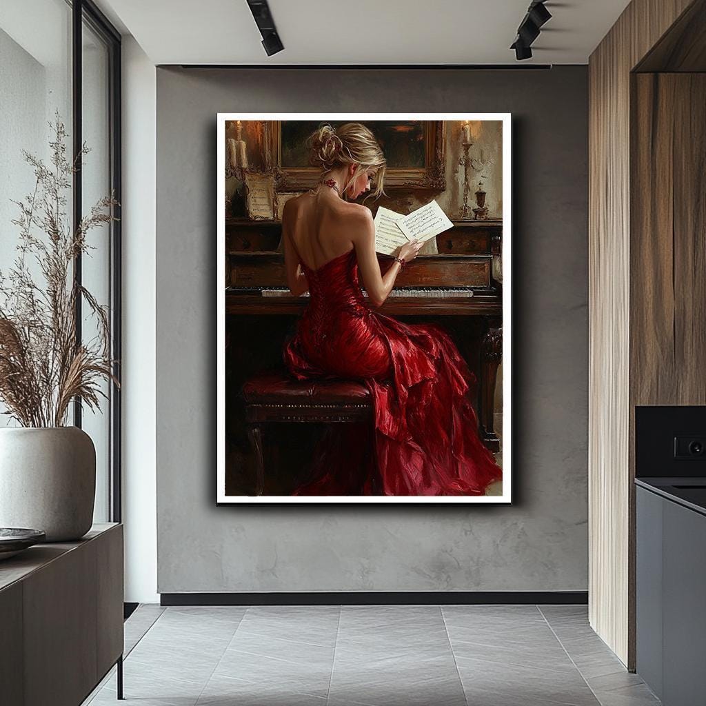 Woman in Red Dress at Piano Canvas Print, Classical Music Wall Art - Etsy