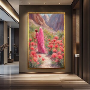 Virgin Mary Heavenly Pathway – Mother and Child in Blooming Valley – Spiritual Impressionist Canvas – Divine Love Artwork