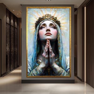 Virgin Mary Wall Art – Radiant Halo Prayer Portrait – Spiritual Catholic Home Decor – Divine Grace Canvas Painting - Religious Canvas Art