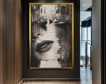 Venice Canal Woman Face Canvas Art | Surreal Black White Cityscape Portrait Print