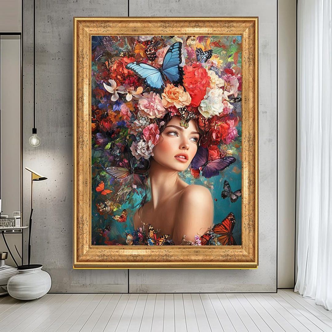 Floral Butterfly Woman Portrait Art, Colorful Nature-inspired Canvas ...