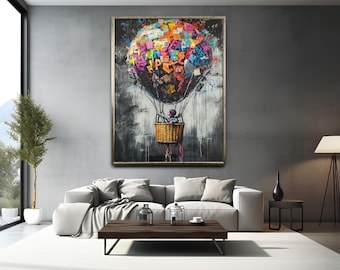 Graffiti Balloon Hot Air Canvas Art, Banksy Style Wall Decor Poster,Banksy Balloon Graffiti