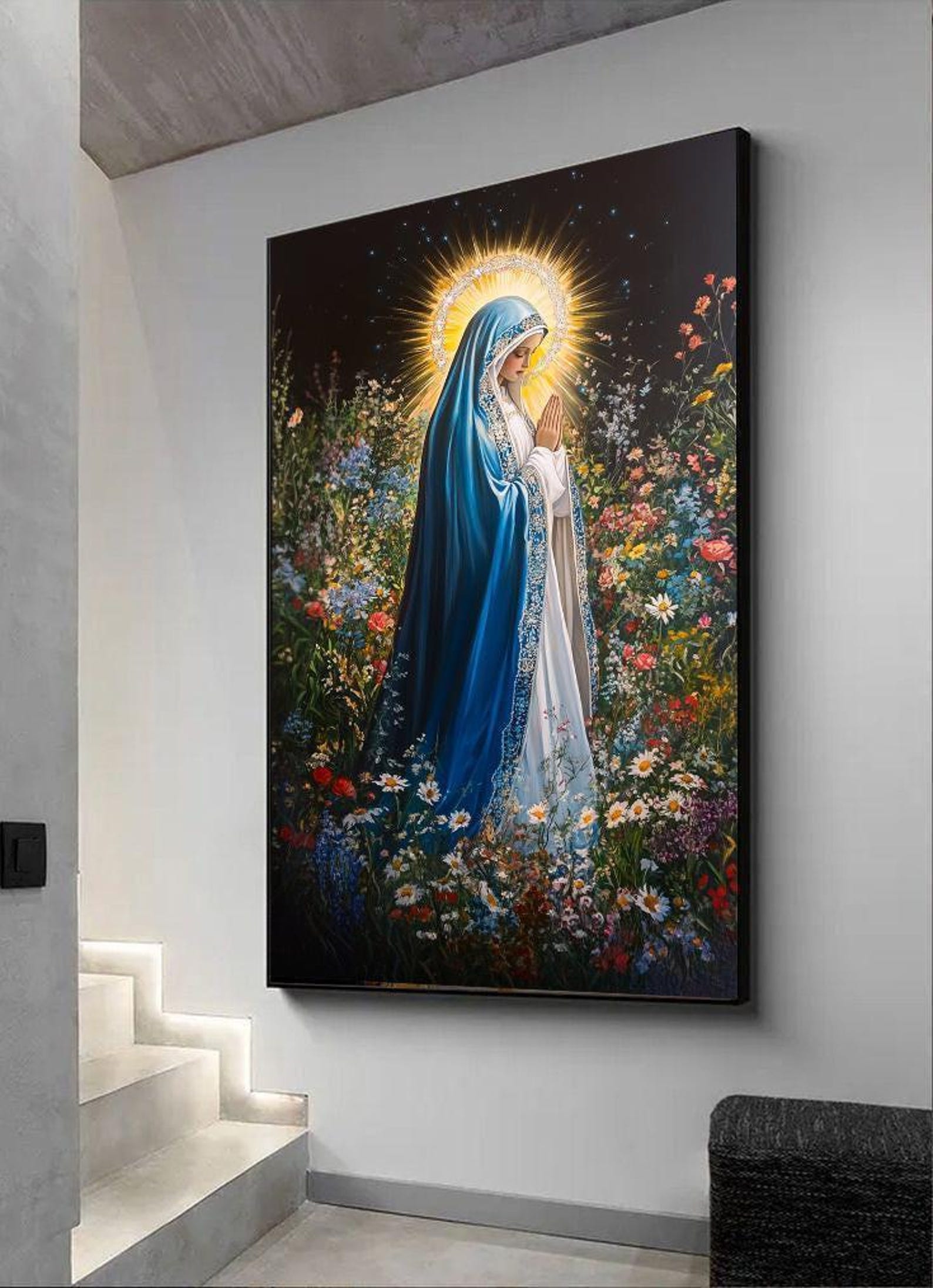 Virgin Mary Canvas Wall Art - Floral Religious Home Decor - Christian ...