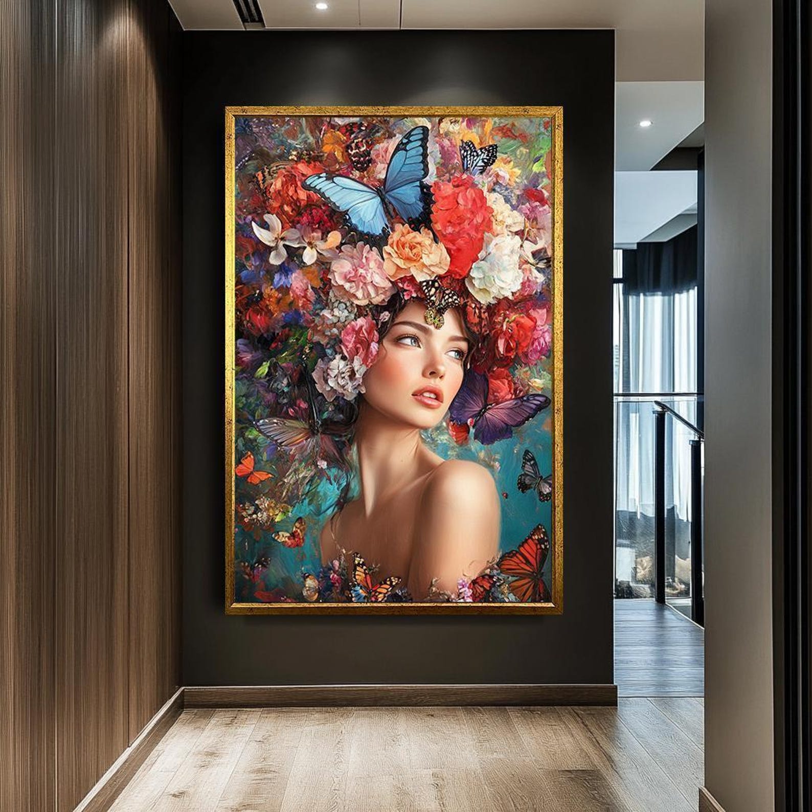 Floral Butterfly Woman Portrait Art, Colorful Nature-inspired Canvas ...