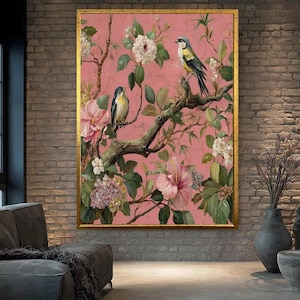 Birds and Flowers Wall Art – Vintage Botanical Painting on Pink Background, Nature Inspired Floral and Bird Canvas for Home Decor