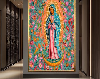 Our Lady of Guadalupe Wall Art – Colorful Virgin Mary Canvas Print – Catholic Religious Decor – Floral Spiritual Artwork