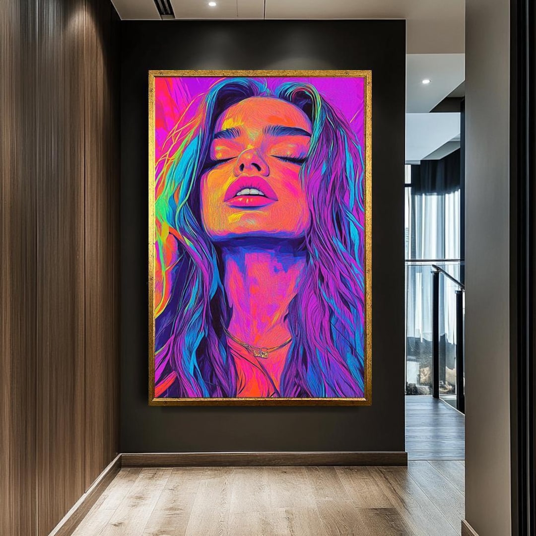 Vibrant Neon Woman Portrait Canvas Print – Modern Pop Art Face