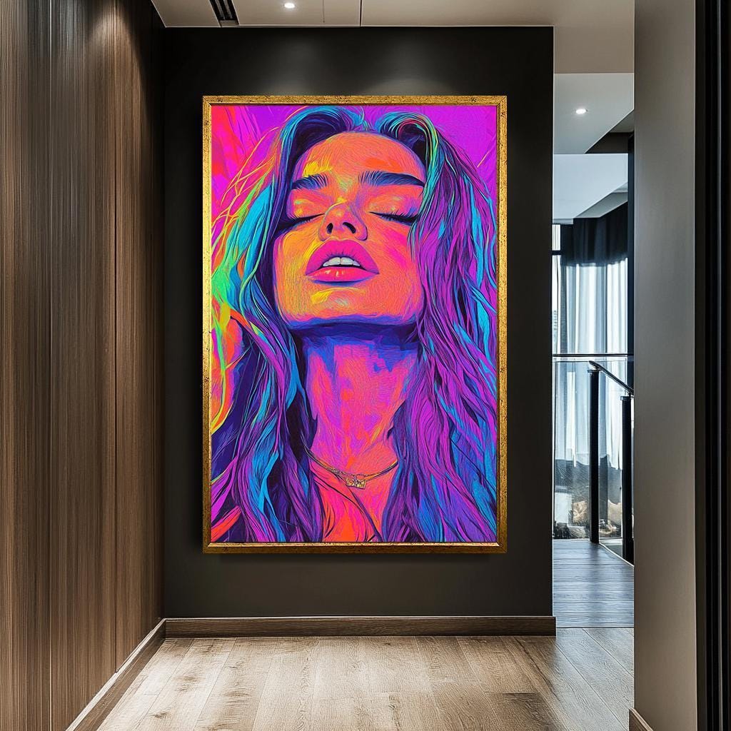 Vibrant Neon Woman Portrait Canvas Print – Modern Pop Art Face