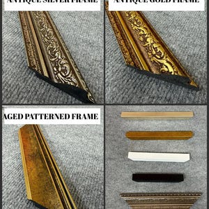 The image is a collage of four photographs showcasing different types of antique framed picture frames, including a silver frame, a gold frame, an aged patterned frame, and a gold frame.