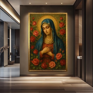 Virgin Mary with Roses – Marian Floral Portrait – Catholic Canvas Wall Art – Blessed Mother Print – Christian Religious Home Decor