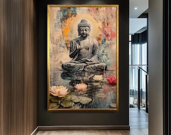 Buddha and Lotus Canvas Print, Zen Meditation Wall Art, Spiritual Home Decor, Tranquil Buddhist Artwork for Yoga or Meditation Space