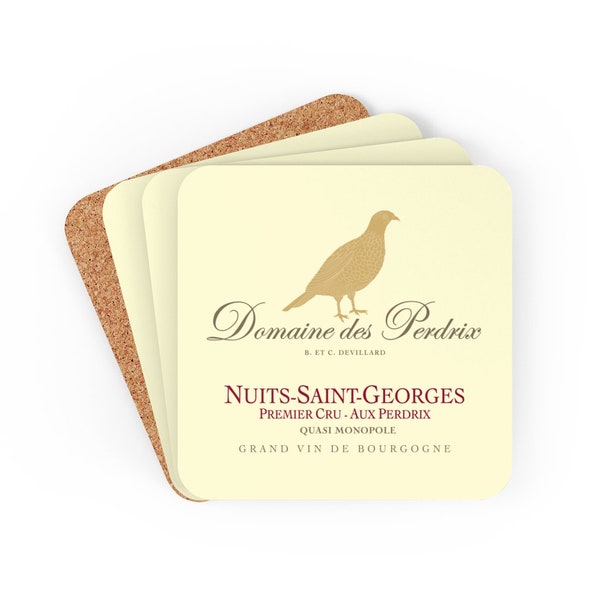 Partridge and Wine Label Themed Gifts - Domaine des Perdrix bottle Label Back Corkwood Coaster Set of 4