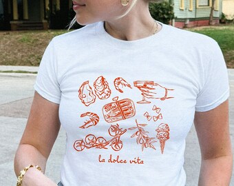 La Dolce Vita Top Sardines Baby Tee Y2K Ciao Bella Top Tomato Girl Baby Tee Tinned Fish Shirt Oyster Y2K Baby Tee Italian Summer Baby Tee