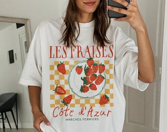 Camiseta Les Fraises, Camiseta de fresas, Camiseta del mercado francés, Camiseta de verano Tomato Girl, Camiseta de la Costa Azul, Camiseta de la Riviera francesa, Estética de chica francesa