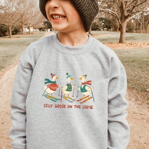 May include: A light grey sweatshirt featuring a graphic of three geese skiing, each wearing a scarf and hat. The text "Silly Goose on the Loose" is printed below. The sweatshirt is worn by a child wearing a dark grey beanie.
