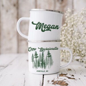 Camp Bachelorette Cups Custom Mug Custom Enamel Mug Asheville Bachelorette Gifts Personalized Mug Bachelorette Favors Lake Bachelorette Cups