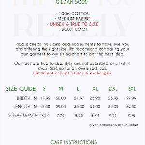 May include: Unisex cotton tee size chart with measurements in inches. The chart includes width, length, and sleeve length for sizes S, M, L, XL, 2XL, and 3XL. The text "Unisex Cotton Tee Gildan 5000" is at the top of the chart. The text "100% Cotton, Medium Fabric, Unisex & True to Size, Boxy Look" is below the title. The text "Care Instructions" is at the bottom of the chart. The text "Machine wash: warm (max 40C or 105F); Non-chlorine: bleach as needed; Tumble dry: medium; Do not iron; Do not dryclean." is below the "Care Instructions" title.