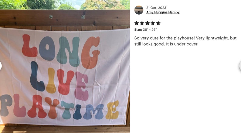 May include: A white fabric banner with the text "LONG LIVE PLAYTIME" in colourful, retro-style lettering. The banner is 36 inches by 26 inches.