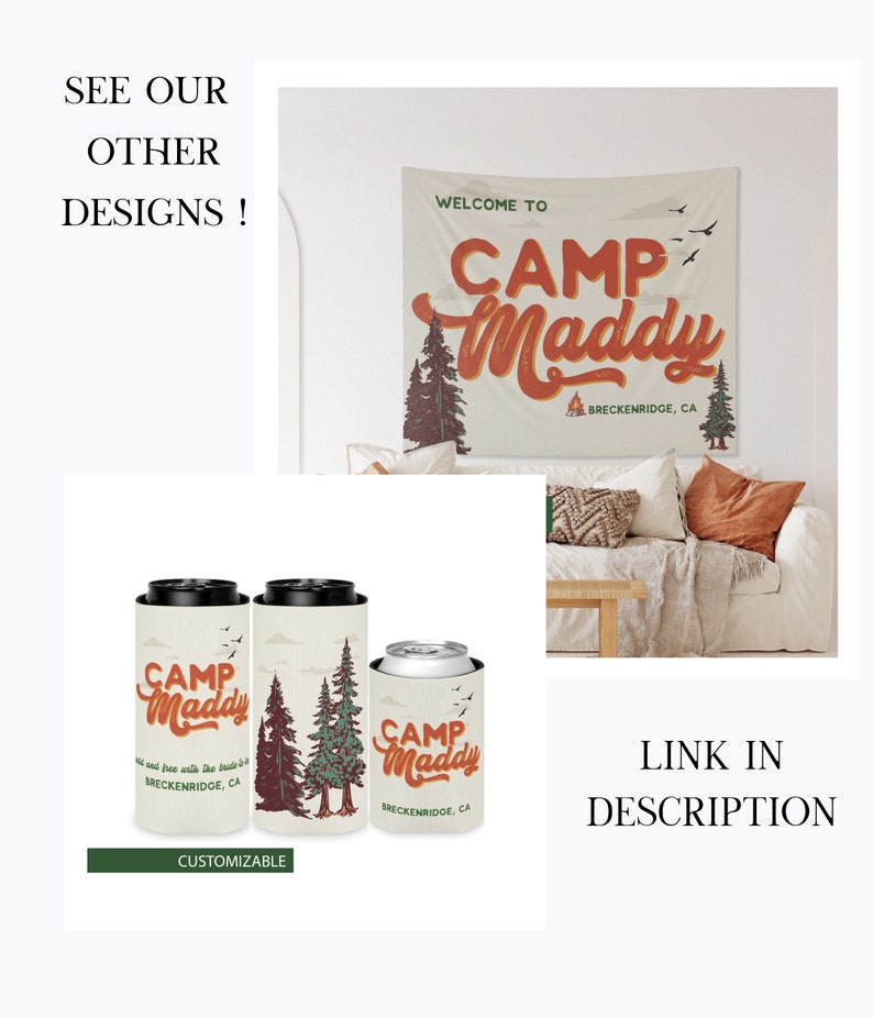Op de afbeelding: Een set van drie personaliseerbare blikjeskoelers met een retro-ontwerp met de tekst "Camp Maddy" en een dennenboomgrafiek. De tekst "Breckenridge, CA" is ook in het ontwerp opgenomen.