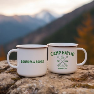 Camp Bachelorette Cups Custom Mug Custom Enamel Mug Asheville Bachelorette Gifts Personalized Mug Bachelorette Favors Lake Bachelorette Cups