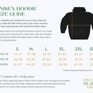 K&ouml;nnte beinhalten: Gr&ouml;&szlig;entabelle f&uuml;r einen Unisex-Hoodie mit Ma&szlig;en in Zoll f&uuml;r Breite, L&auml;nge und &Auml;rmell&auml;nge. Die Gr&ouml;&szlig;en reichen von S bis 3XL. Der Hoodie ist schwarz und besteht aus 50% Baumwolle und 50% Polyester.