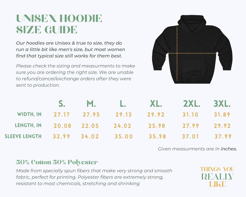 K&ouml;nnte beinhalten: Gr&ouml;&szlig;entabelle f&uuml;r einen Unisex-Hoodie mit Ma&szlig;en in Zoll f&uuml;r Breite, L&auml;nge und &Auml;rmell&auml;nge. Die Gr&ouml;&szlig;en reichen von S bis 3XL. Der Hoodie ist schwarz und besteht aus 50% Baumwolle und 50% Polyester.