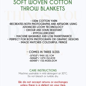 May include: A white background with green text that reads "SOFT WOVEN COTTON THROW BLANKETS." The text lists features such as 100% cotton yarn, machine washable, and comes in three sizes: 37x52 inches, 50x60 inches, and 60x80 inches.