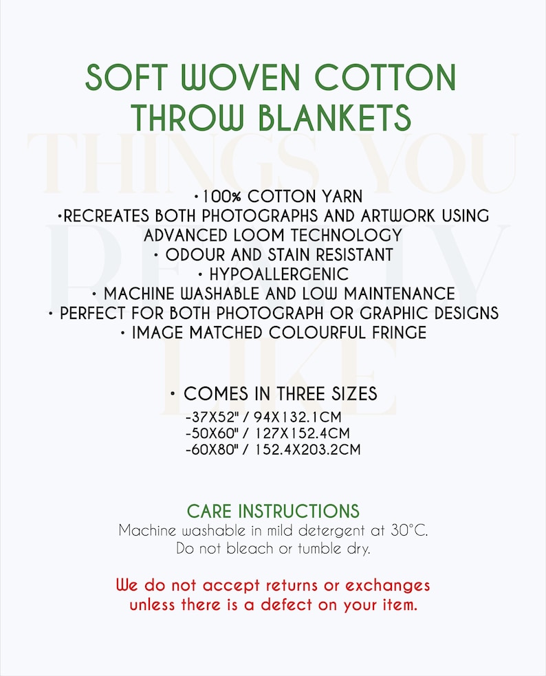 May include: A white background with green text that reads "SOFT WOVEN COTTON THROW BLANKETS." The text lists features such as 100% cotton yarn, machine washable, and comes in three sizes: 37x52 inches, 50x60 inches, and 60x80 inches.