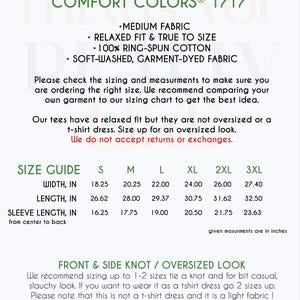 May include: Size chart for a unisex garment-dyed t-shirt in Comfort Colors&reg; 1717. The chart shows measurements in inches for width, length, and sleeve length from center to back for sizes S, M, L, XL, 2XL, and 3XL. The text also mentions that the t-shirt has a relaxed fit and is made of 100% ring-spun cotton.